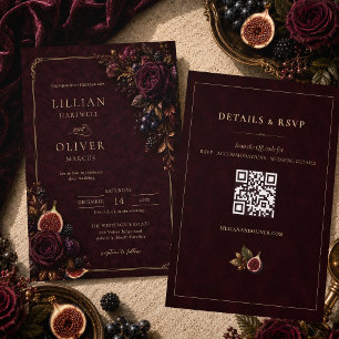 Elegant Burgundy Floral RSVP QR Code Wedding  Invitation