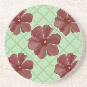Elegant Burgundy Floral & Sage Green Lattice Patte Coaster