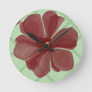 Elegant Burgundy Floral & Sage Green Lattice Patte Round Clock