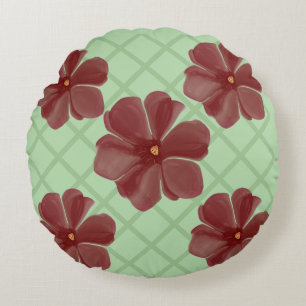 Elegant Burgundy Floral & Sage Green Lattice Patte Round Pillow