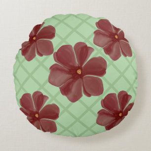 Elegant Burgundy Floral & Sage Green Lattice Patte Round Pillow