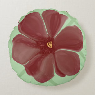 Elegant Burgundy Floral & Sage Green Lattice Patte Round Pillow