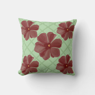 Elegant Burgundy Floral & Sage Green Lattice Patte Throw Pillow