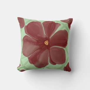 Elegant Burgundy Floral & Sage Green Lattice Patte Throw Pillow