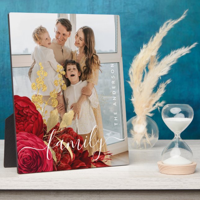 Elegant Burgundy Floral Script Family Photo Plaque (Side)