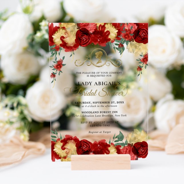 Elegant Burgundy Floral Victorian Bridal Shower Acrylic Invitations (Creator Uploaded)
