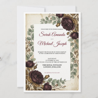 Elegant Burgundy Floral Vintage Wedding Invitation
