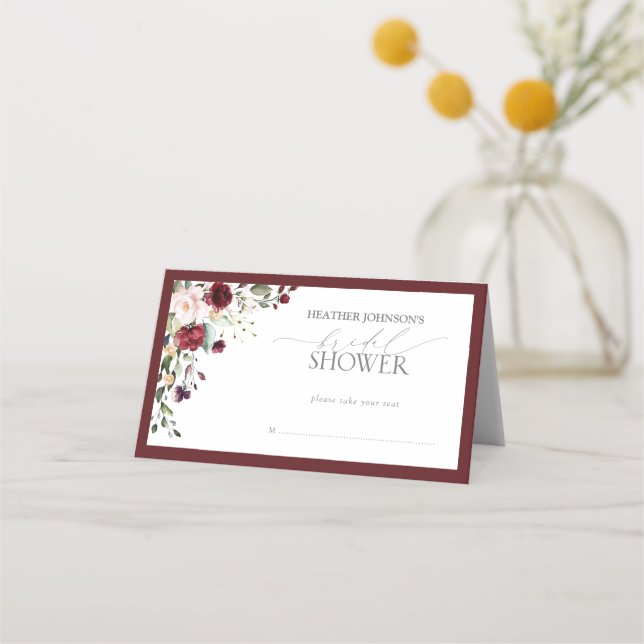 Elegant Burgundy Floral Watercolor Bridal Shower Place Card (Front)