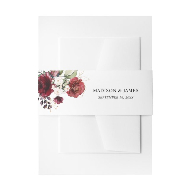 Elegant Burgundy Floral Watercolor Wedding Invitation Belly Band (Front Example)