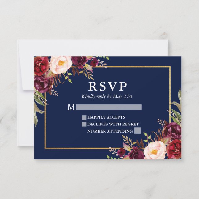 Elegant Burgundy Floral Wedding Blue Gold RSVP (Front)