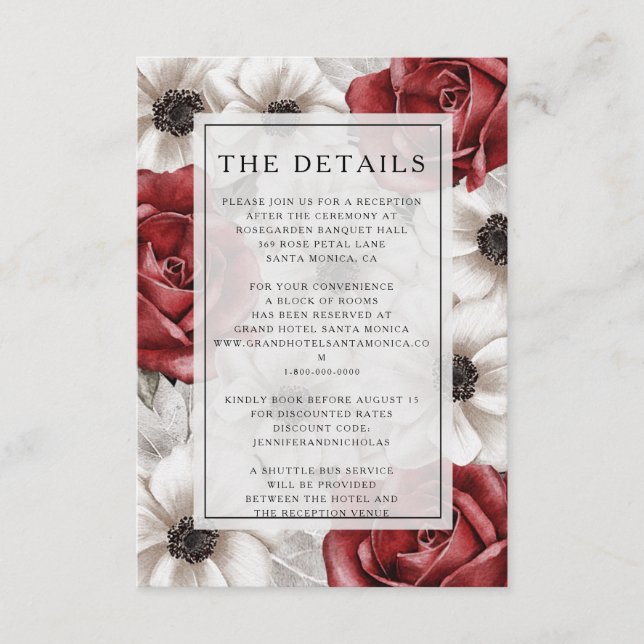 Elegant Burgundy Floral Wedding Details Enclosure Card (Front)
