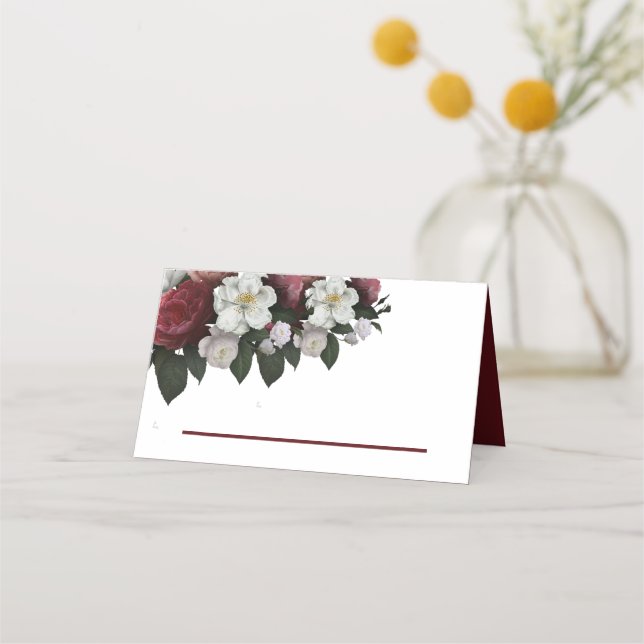 Elegant Burgundy Floral -Wedding Folded Place Card (Front)