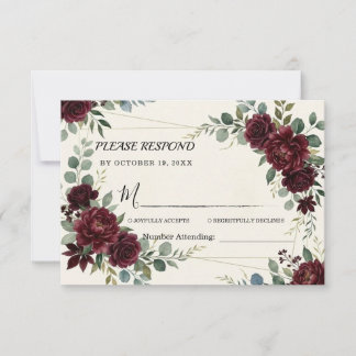 Elegant Burgundy Floral Wedding Gold Rose RSVP Card