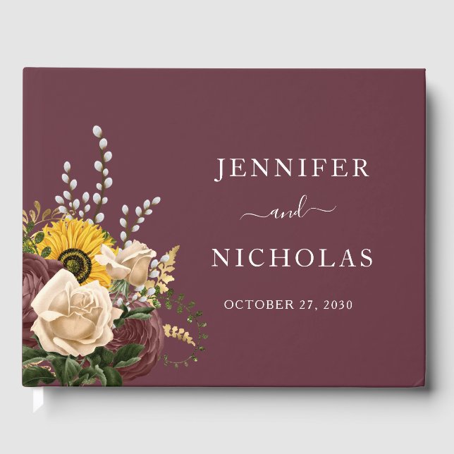 Elegant Burgundy Floral Wedding  Guest Book (Front)