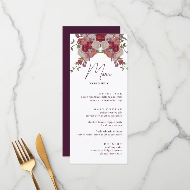 Elegant Burgundy Floral Wedding Menu Cards (Front/Back In Situ)