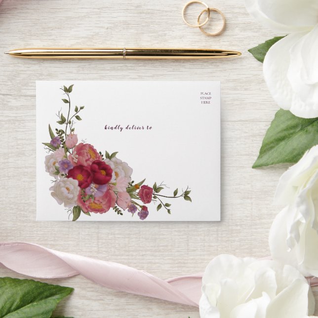 Elegant Burgundy Floral Wedding Return Address  Envelope (Wedding)