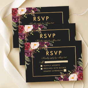 Elegant Burgundy Floral Wedding RSVP Black Gold Card