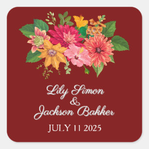 Elegant Burgundy Floral Wedding Square Sticker