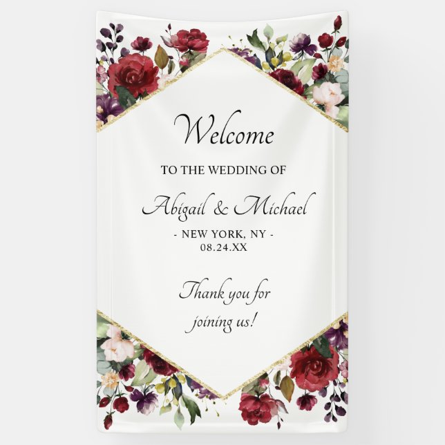 Elegant Burgundy Floral Wedding Welcome  Sign (Vertical)