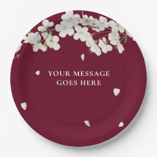 Elegant Burgundy Floral Wedding White Blossom Paper Plate