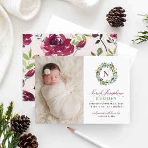 Elegant Burgundy Floral Wreath Baby Photo Birth Announcement
