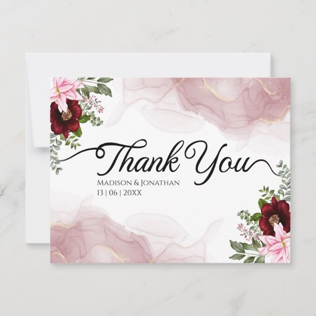 Elegant Burgundy Flower Wedding Thank You Card (Front)