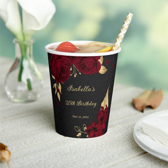 Elegant burgundy flowers gold black paper cups (Insitu)