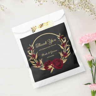 Elegant burgundy flowers gold black wedding favour bag