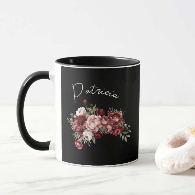 Elegant Burgundy Flowers Mug (With Donut)