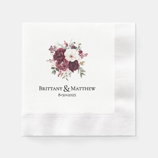 Elegant Burgundy Flowers Personalized Wedding Napkin (Front)