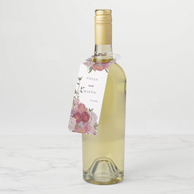 Elegant Burgundy Forest Flowers Wedding Bottle Tag (Angled)