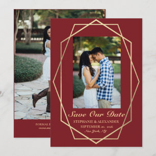 Elegant Burgundy Geometric Gold Frame Wedding Save The Date