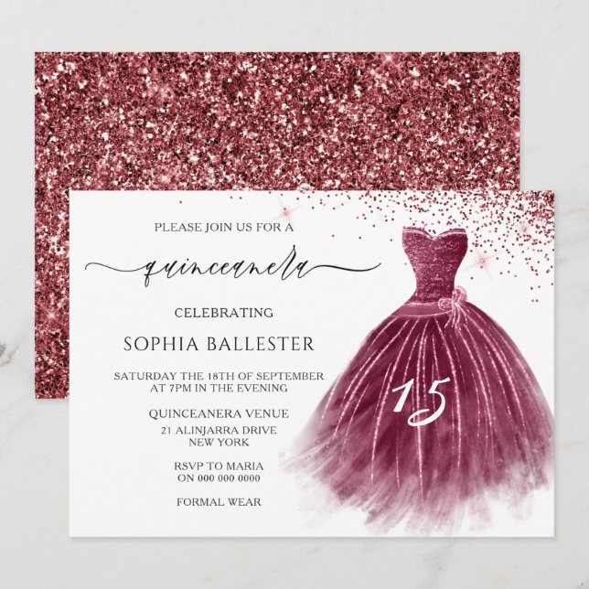 Elegant Burgundy Glitter Gown Quinceanera Party Invitation (Front/Back)