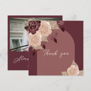 Elegant Burgundy Glittery Watercolor Roses Wedding Thank You Card