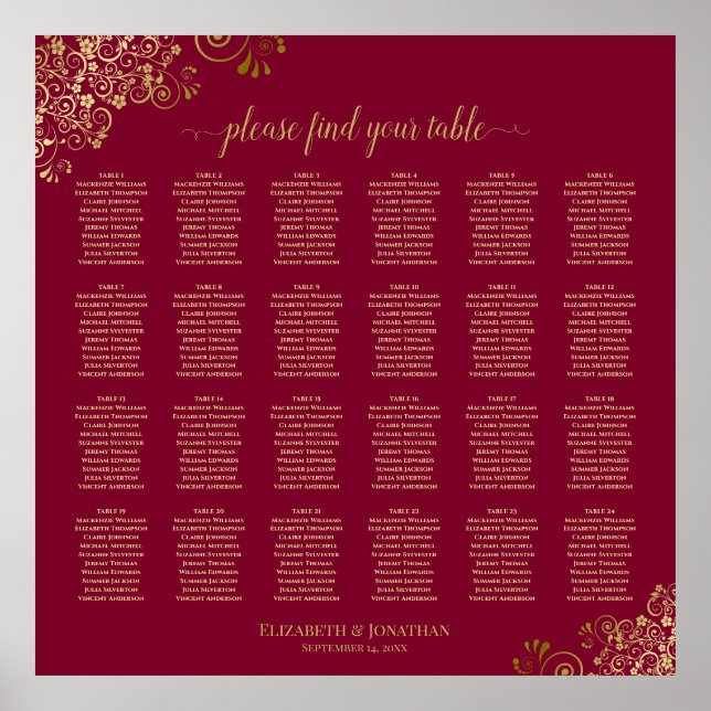Elegant Burgundy & Gold 24 Table Seating Chart (Front)