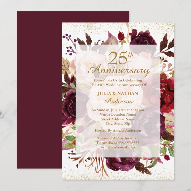Elegant Burgundy Gold 25th Wedding Anniversary Invitation (Front/Back)