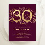 Elegant Burgundy Gold 30th Birthday Invitation<br><div class="desc">Elegant burgundy maroon gold 30th birthday party invitation. Customizable dark red marsala wine design featuring roses botanical accents and typography script font. Simple floral invite card perfect for a stylish female bday celebration. Personalize with your own details. Printed Zazzle invitations or instant download digital printable template.</div>