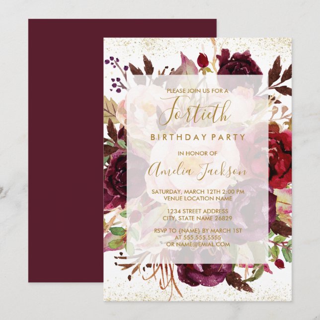 Elegant Burgundy Gold 40th Birthday Invitation (Front/Back)