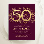 Elegant Burgundy Gold 50th Birthday Invitation<br><div class="desc">Elegant burgundy maroon gold 50th birthday party invitation. Customizable dark red marsala wine design featuring roses botanical accents and typography script font. Simple floral invite card perfect for a stylish female bday celebration. Personalize with your own details. Printed Zazzle invitations or instant download digital printable template.</div>