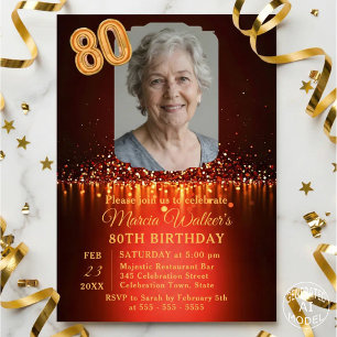 Elegant Burgundy Gold 80th Birthday Photo Invitation