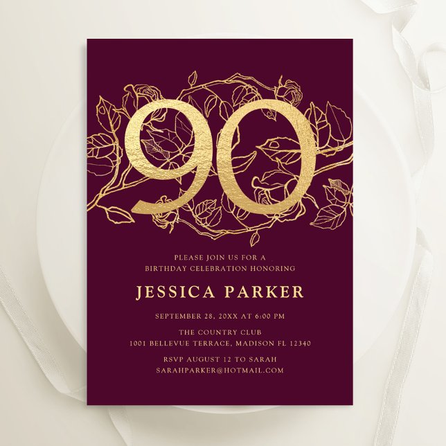 Elegant Burgundy Gold 90th Birthday Invitation (Creator Uploaded)