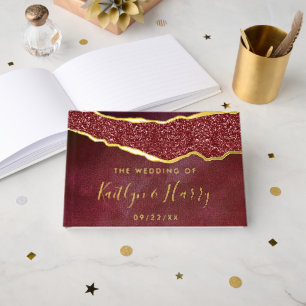 Elegant Burgundy & Gold Agate Wedding Guest Book