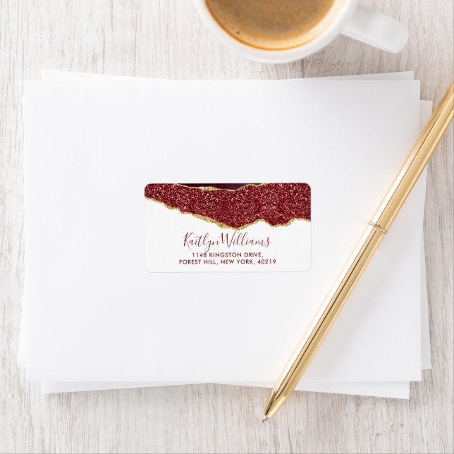 Elegant Burgundy & Gold Agate Wedding Label (Insitu)
