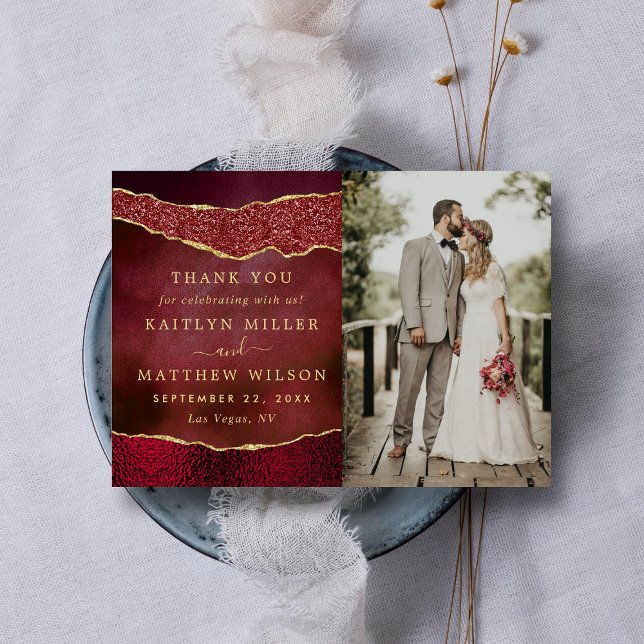 Elegant Burgundy & Gold Agate Wedding Photo Thank You Card (Creator Uploaded)