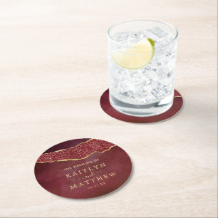 Elegant Burgundy & Gold Agate Wedding Round Paper Coaster