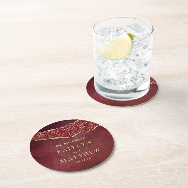 Elegant Burgundy & Gold Agate Wedding Round Paper Coaster (Insitu)