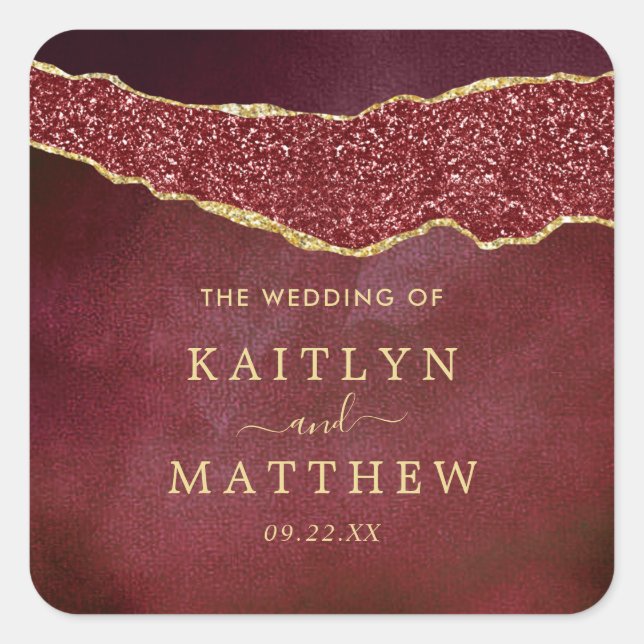 Elegant Burgundy & Gold Agate Wedding Square Sticker (Front)