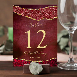 Elegant Burgundy & Gold Agate Wedding Table Card