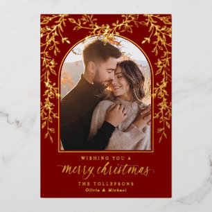 Elegant Burgundy Gold Arch Photo Christmas Foil Holiday Card