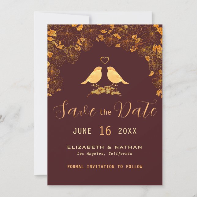 Elegant Burgundy & Gold Birds Floral Pattern Save The Date (Front)